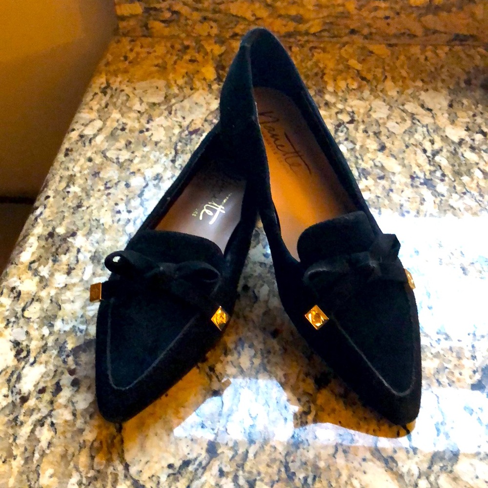 Black suede-loafers / flats with gold accent. Never worn. Great looking